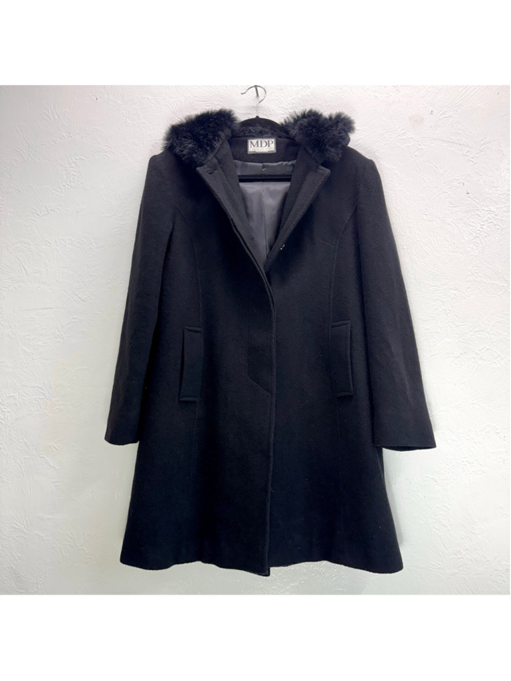 Vintage MDP Mario De Pinto Black 100% Felt Wool Faux Fur Trim Winter Coat Med Lg